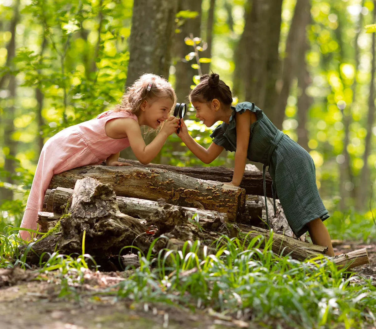 Zwei Kinder erkunden neugierig im Wald eine Baumhöhle, umgeben von frischem Grün und Natur.