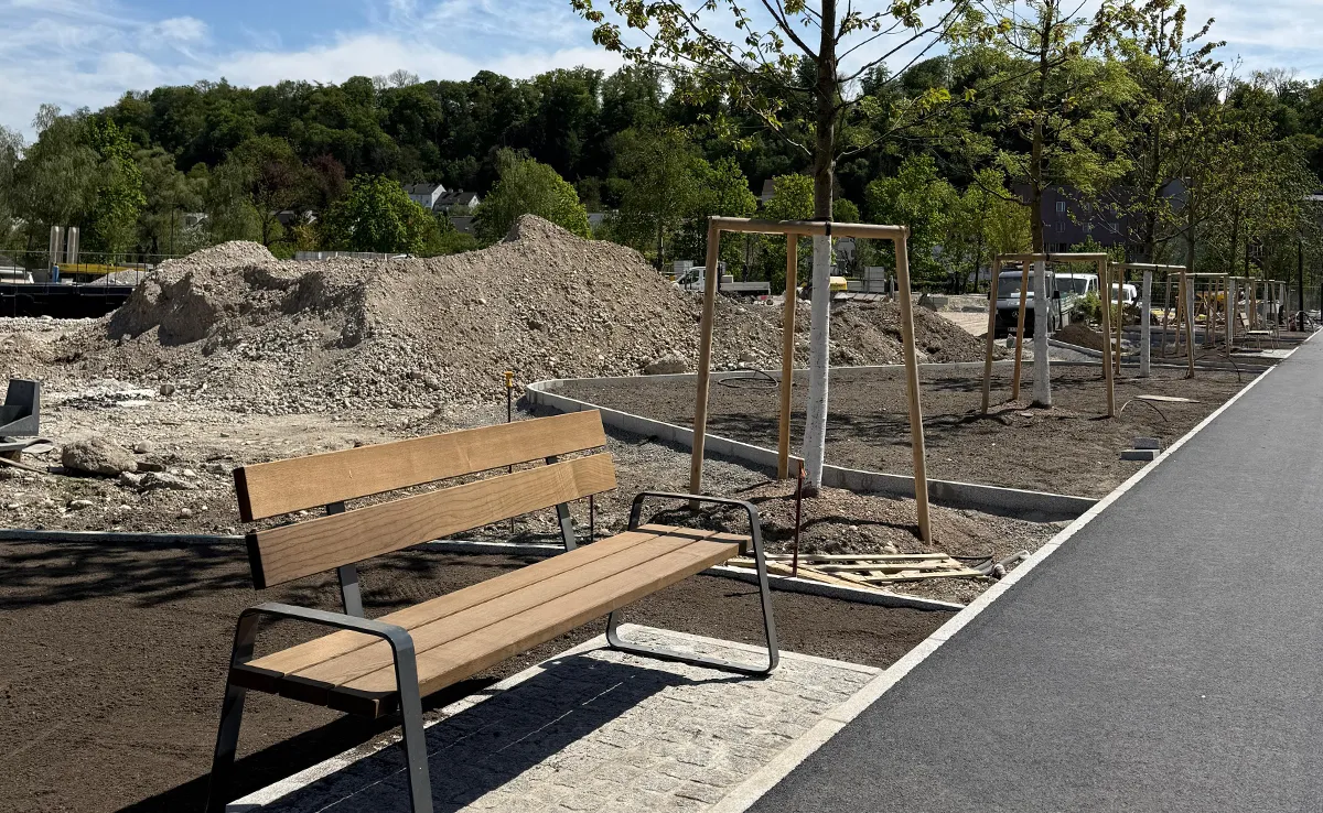 Im Volksgarten Wels zeigt eine Bank mit jungem Baum die Patenschaft für Grünflächen – naturnah und einladend.
