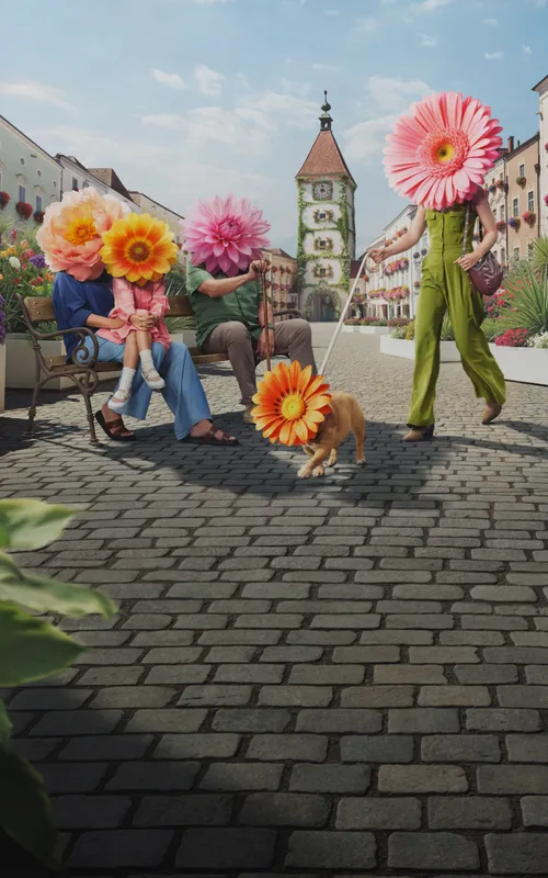 Dieses Bild zeigt eine blühende Stadt mit riesigen Blumenfiguren, Menschen und üppiger Bepflanzung auf Kopfsteinpflaster.