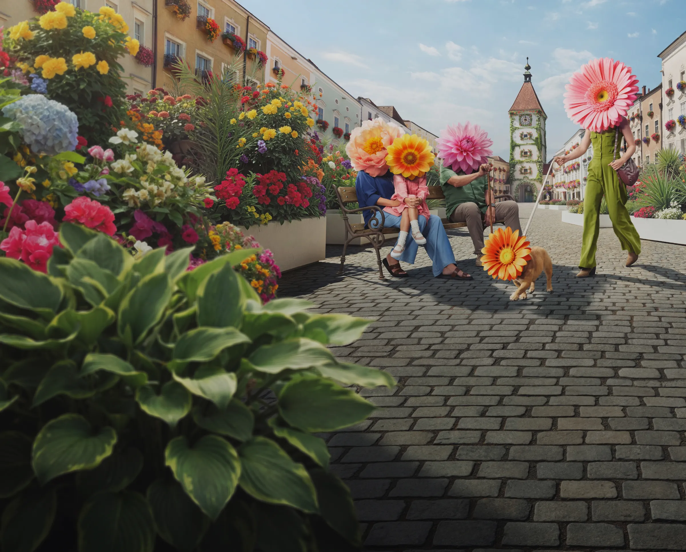 Dieses Bild zeigt eine blühende Stadt mit riesigen Blumenfiguren, Menschen und üppiger Bepflanzung auf Kopfsteinpflaster.